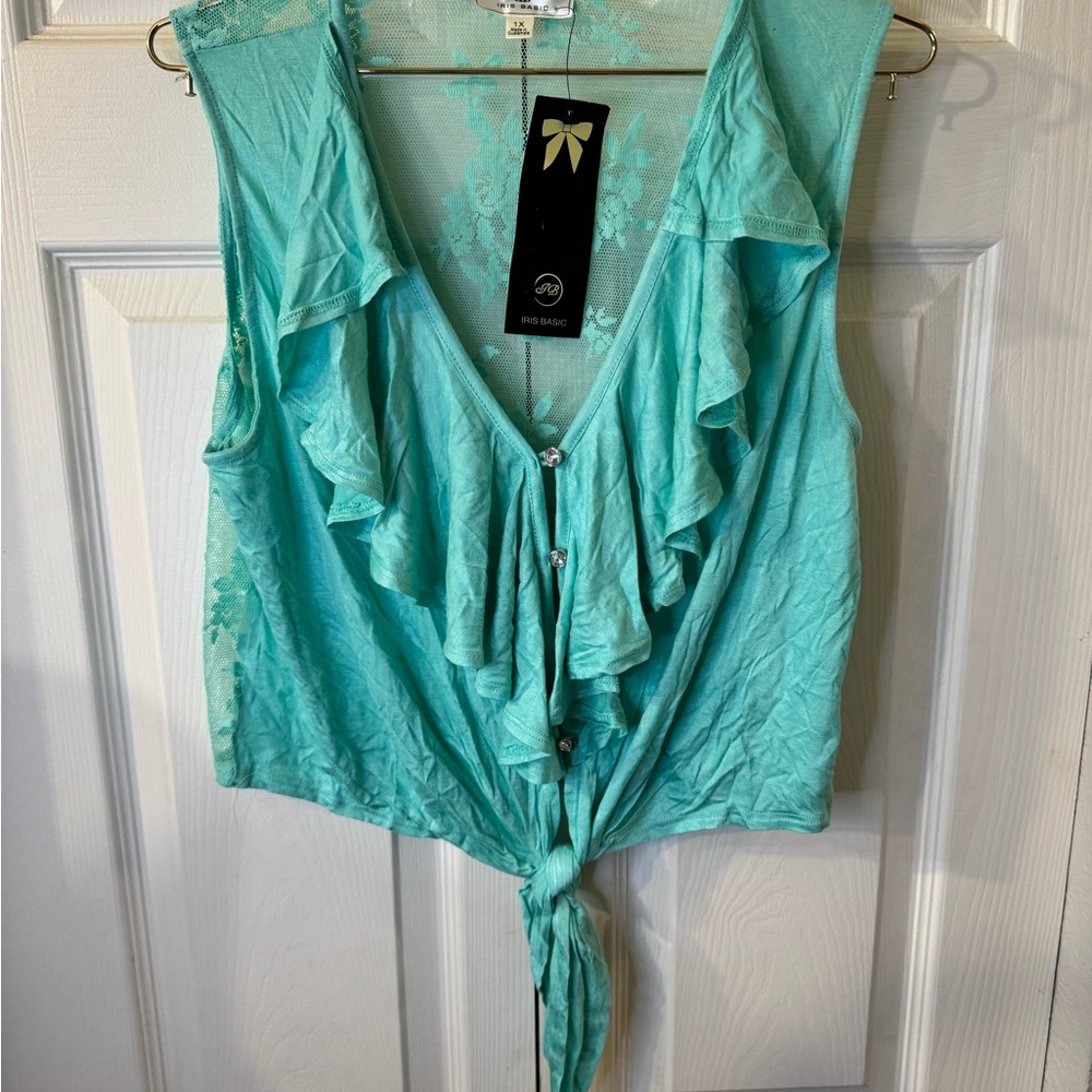 Iris Basic Turquoise Ruffled‎ Tie-Front Blouse